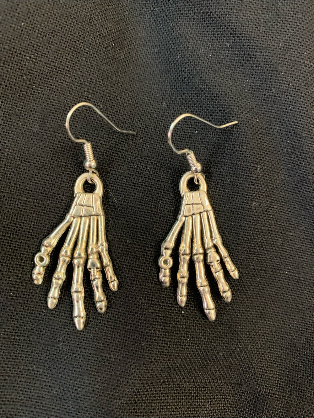 Brand New Hand Crafted Silver Skeleton Hand Dangle Earrings